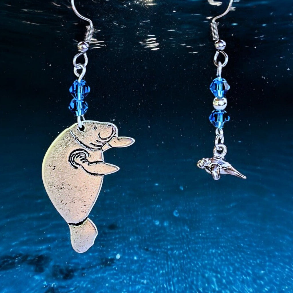 Mismatched Manatee Aqua crystal hook earrings