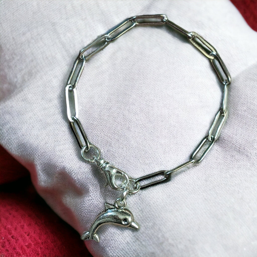 Silver Dolphin Stainless Steel Paperclip Chain Bracelet