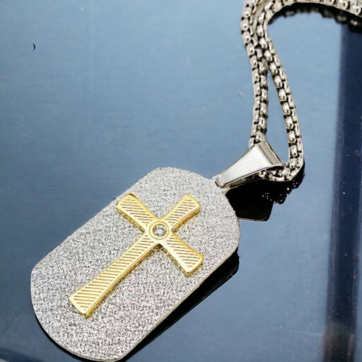 Two Tone Cross Tag pendant necklace, Men's Stainless Steel necklace, 22 inches