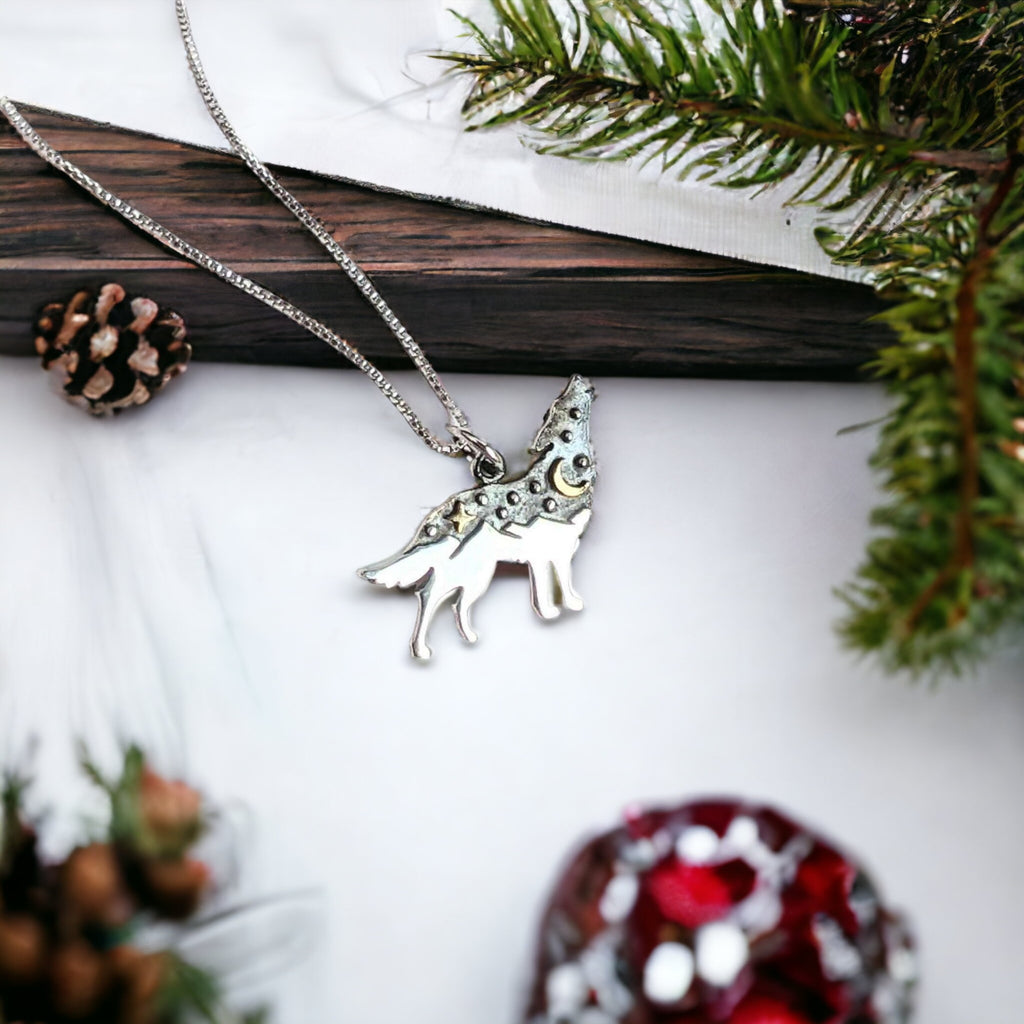 Two Tone Wolf Pendant charm necklace, 22 inch