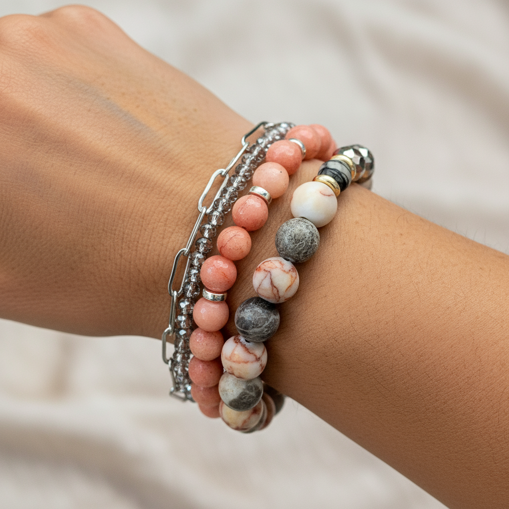 Peach Dream Crystal Beaded layered cuff bracelet