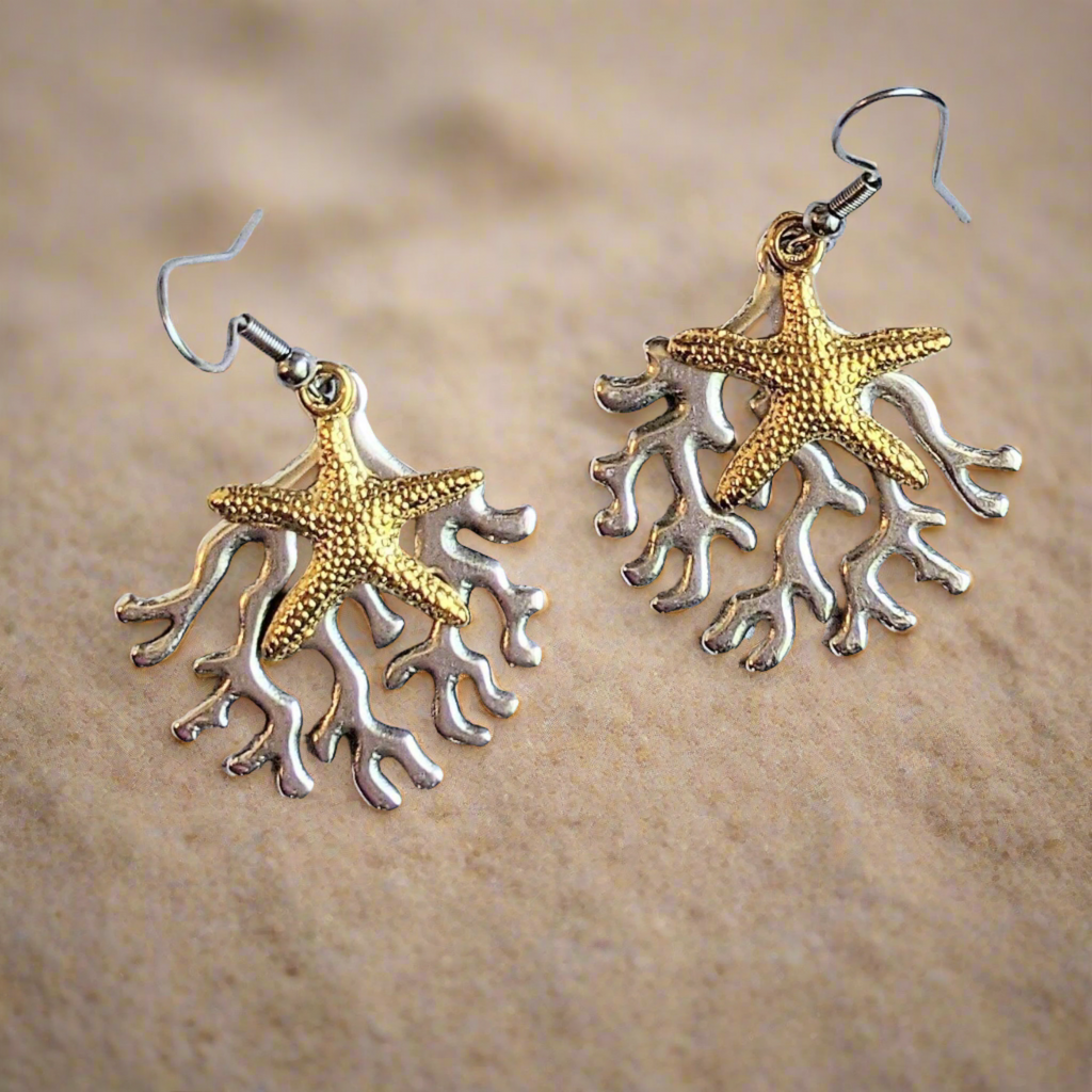 Starfish & Coral dangle earrings, Two-Tone