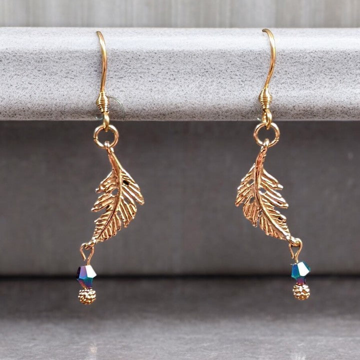 Peacock Crystal Feather Rose Gold dangle earrings