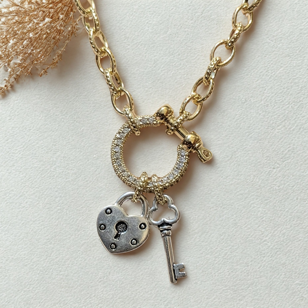 Heart Lock and Key Carabiner Necklace, Gold - 20 inch