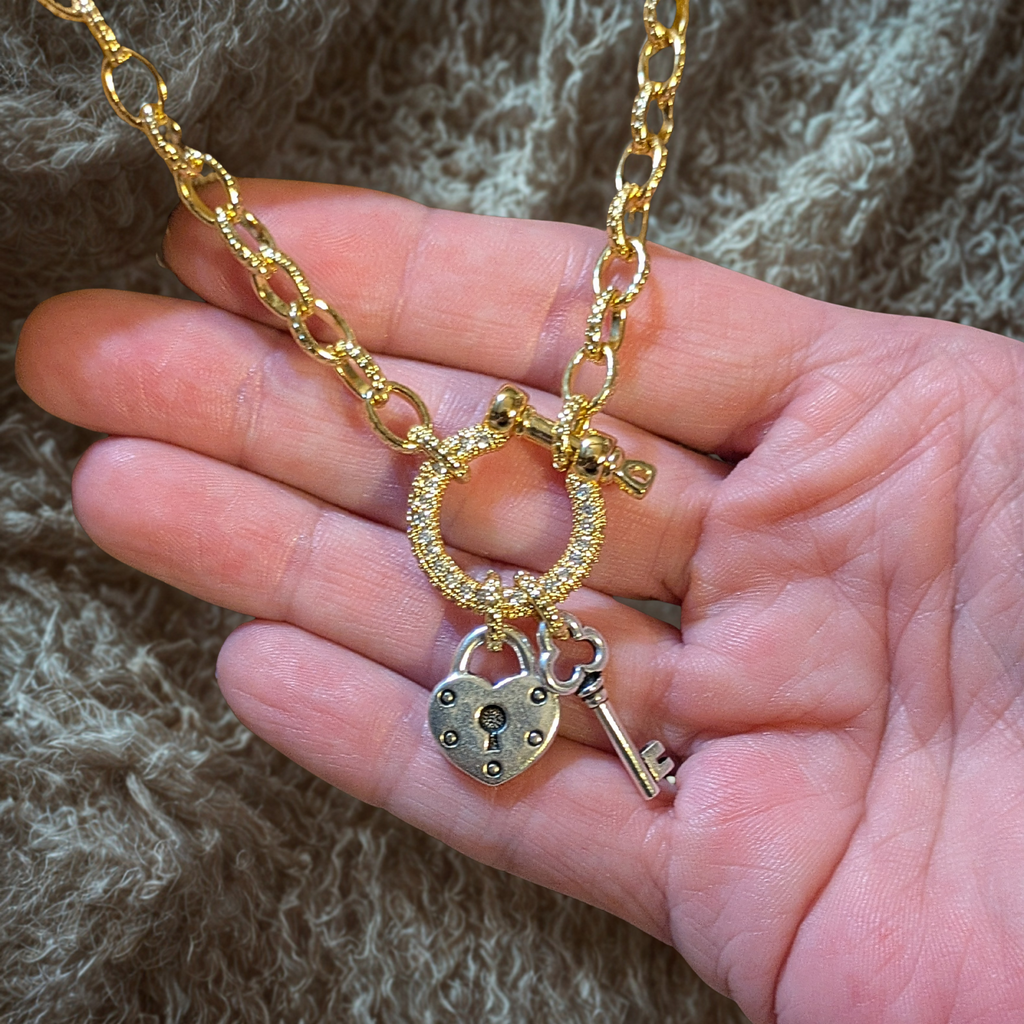 Heart Lock and Key Carabiner Necklace, Gold - 20 inch