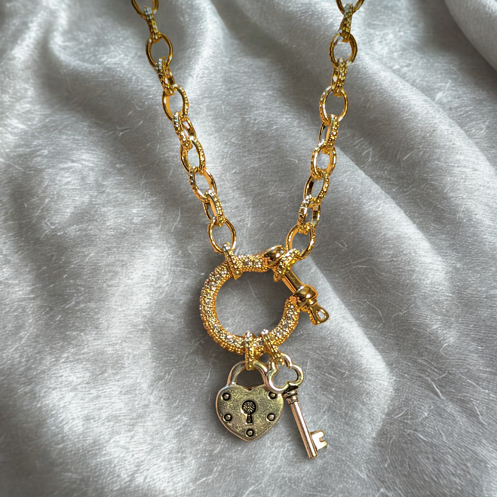 Heart Lock and Key Carabiner Necklace, Gold - 20 inch