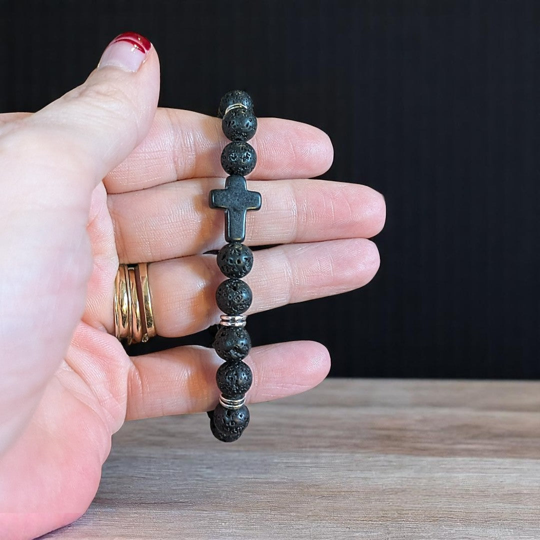 Black Lava Beaded Cross Stretch Bracelet-UNISEX