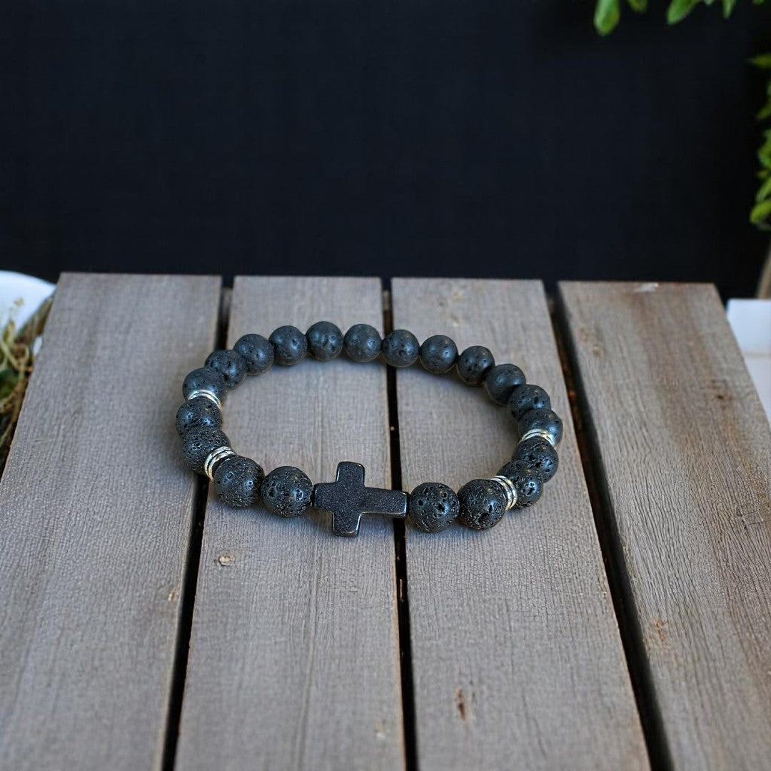 Black Lava Beaded Cross Stretch Bracelet-UNISEX