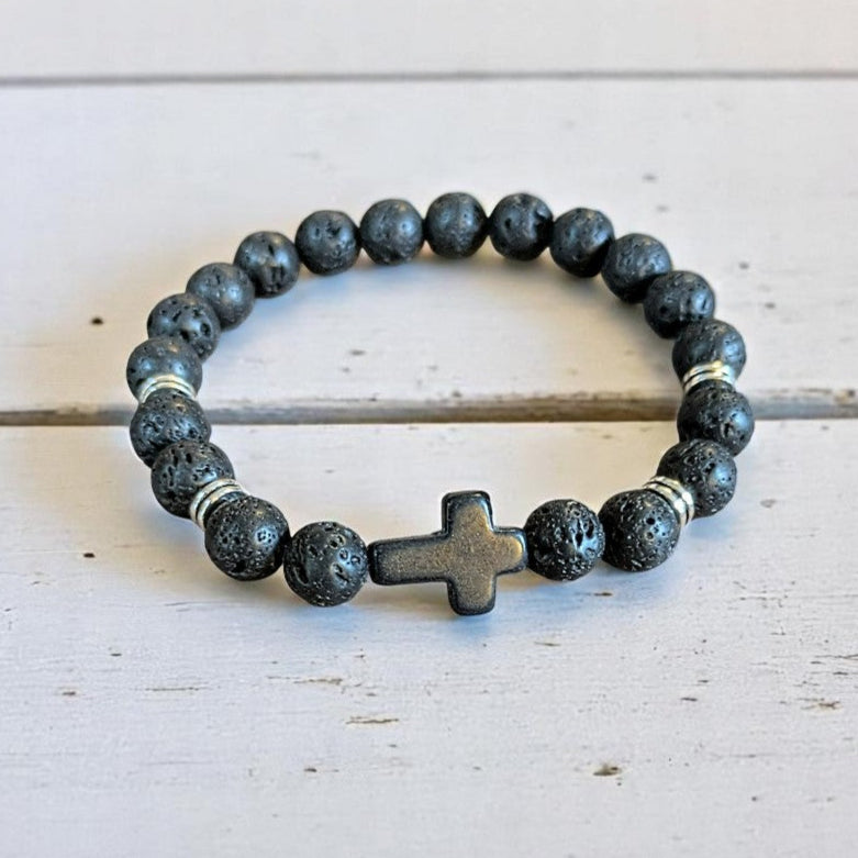 Black Lava Beaded Cross Stretch Bracelet-UNISEX