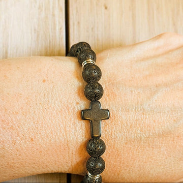 Black Lava Beaded Cross Stretch Bracelet-UNISEX