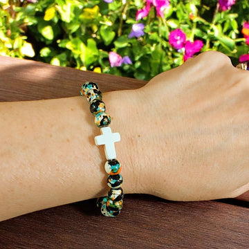 Orange Black Ivory Beaded Cross Stretch bracelet