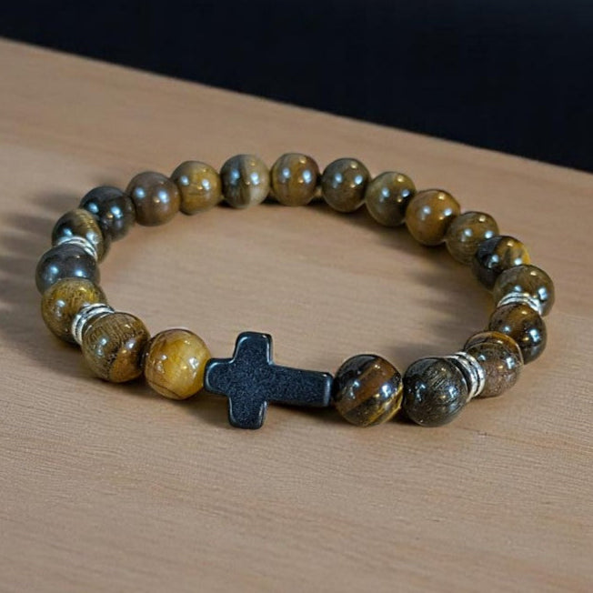 Tiger's Eye Beaded Cross Stretch Bracelet-UNISEX