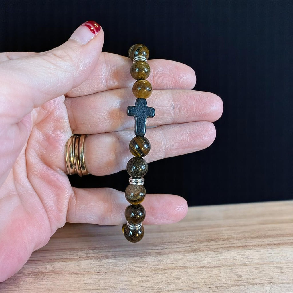Tiger's Eye Beaded Cross Stretch Bracelet-UNISEX