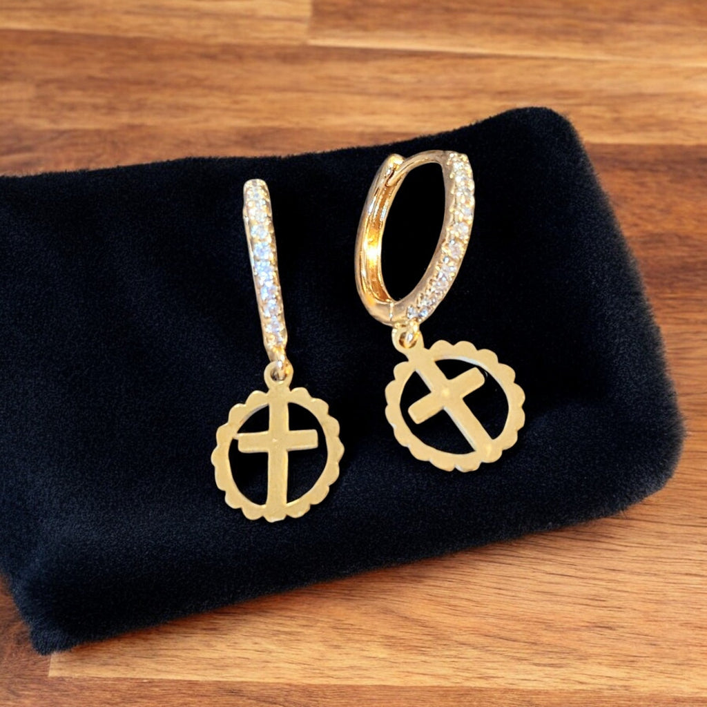 Gold Cross Circle CZ Hoop earrings, 18mm Hoop Drop