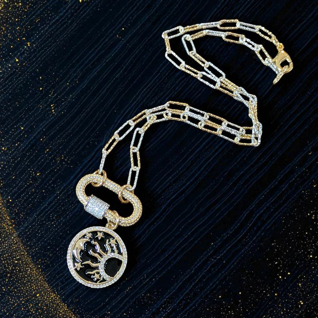 Black Enamel Celestial Pendant Carabiner Necklace, Gold/Silver - 20 inch