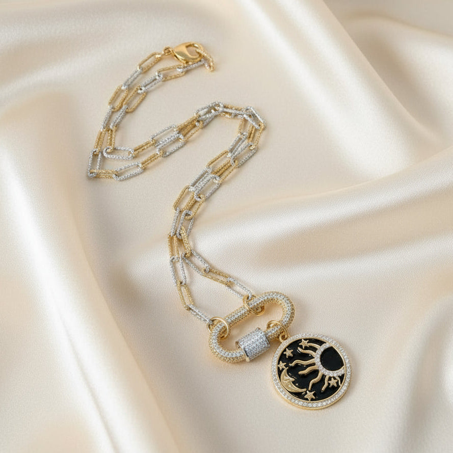 Black Enamel Celestial Pendant Carabiner Necklace, Gold/Silver - 20 inch