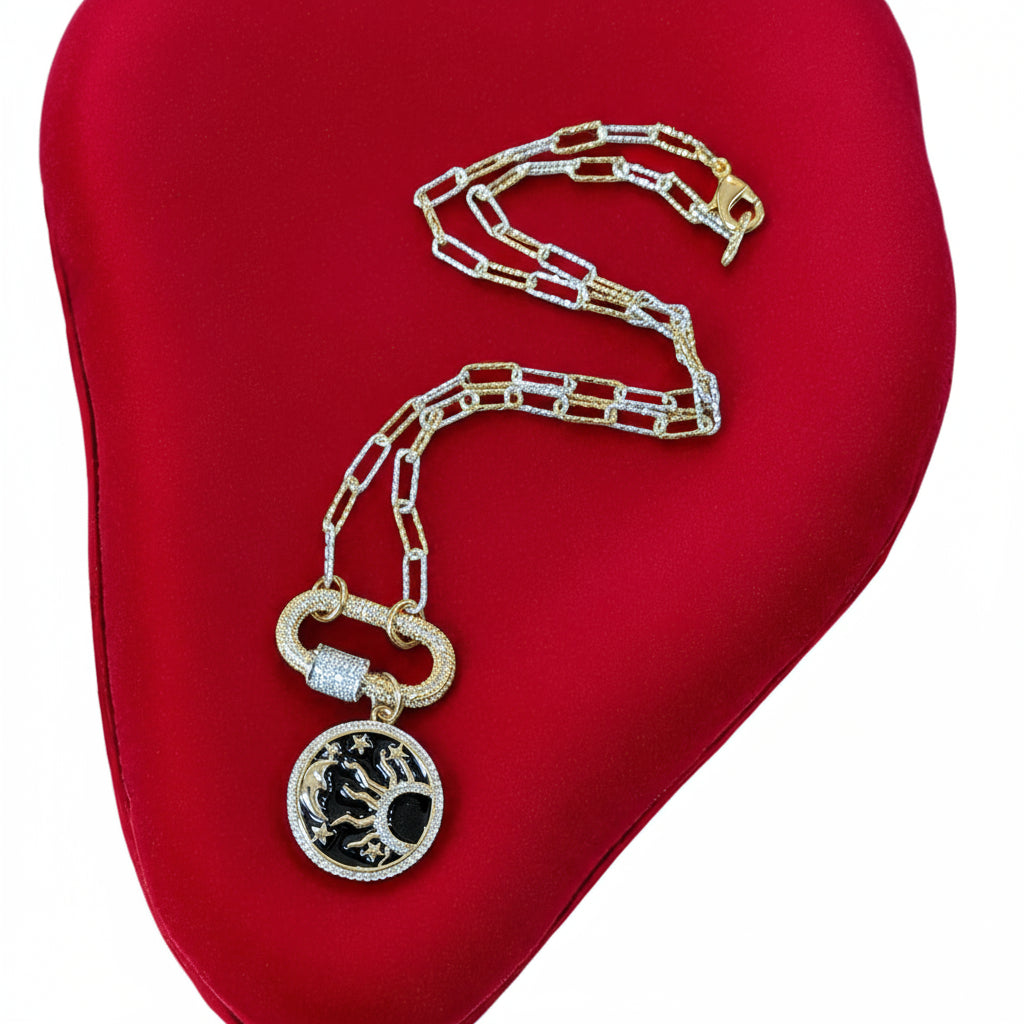 Black Enamel Celestial Pendant Carabiner Necklace, Gold/Silver - 20 inch