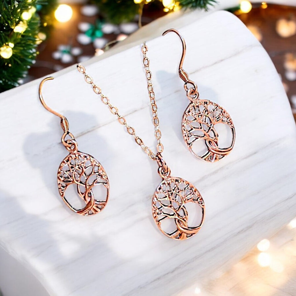 Tree of Life Rose Gold necklace earrings set,18 inch