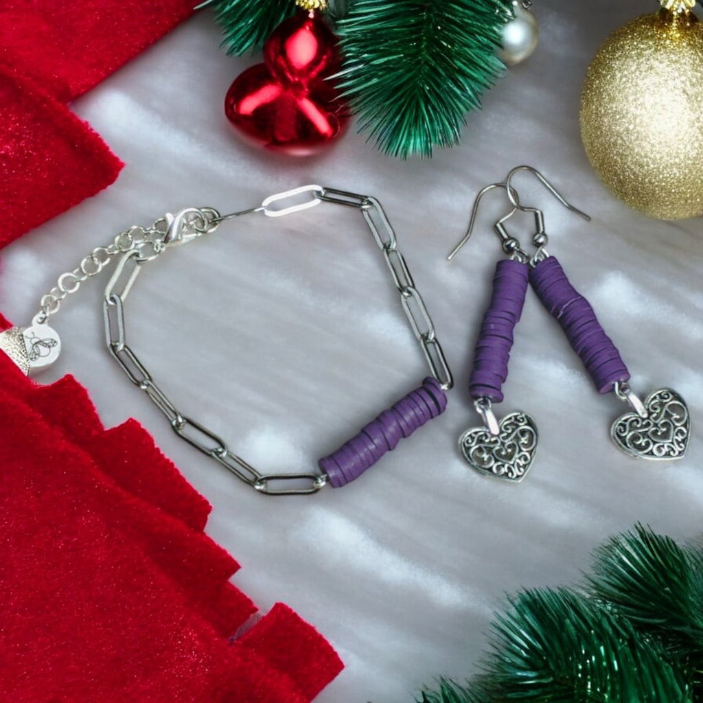 Heart Purple Heishi Paperclip Bracelet/Earring Set