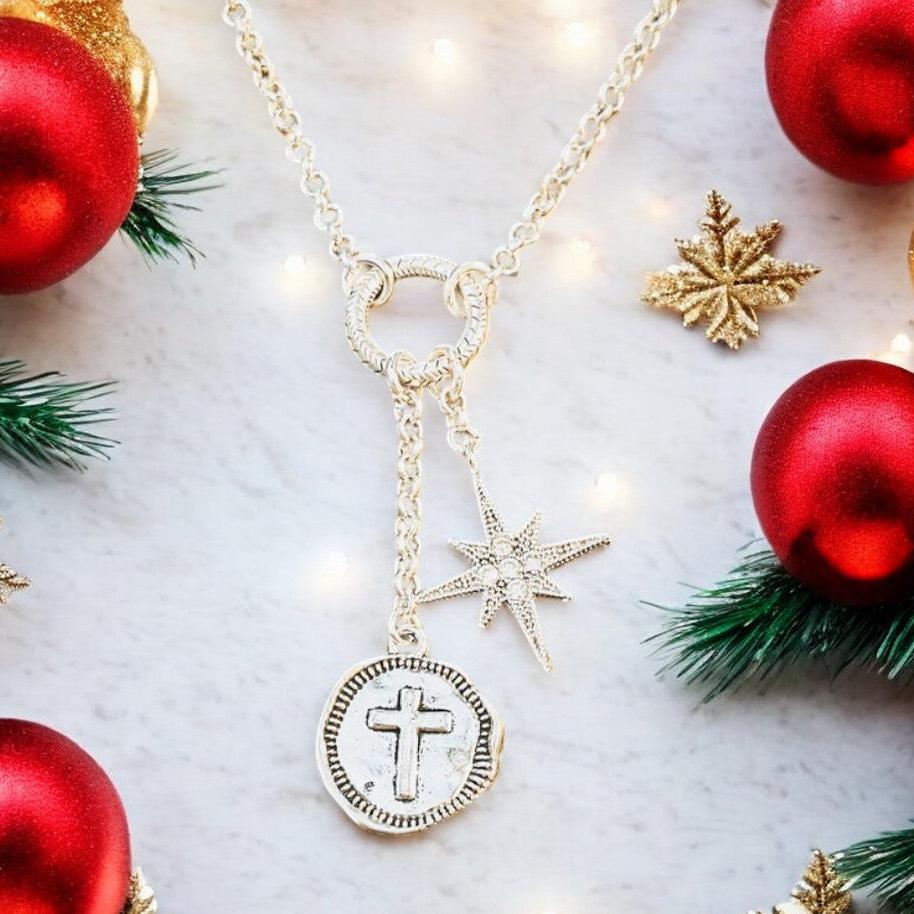 Cross North Star Charm Keeper Necklace - 18-24 inch