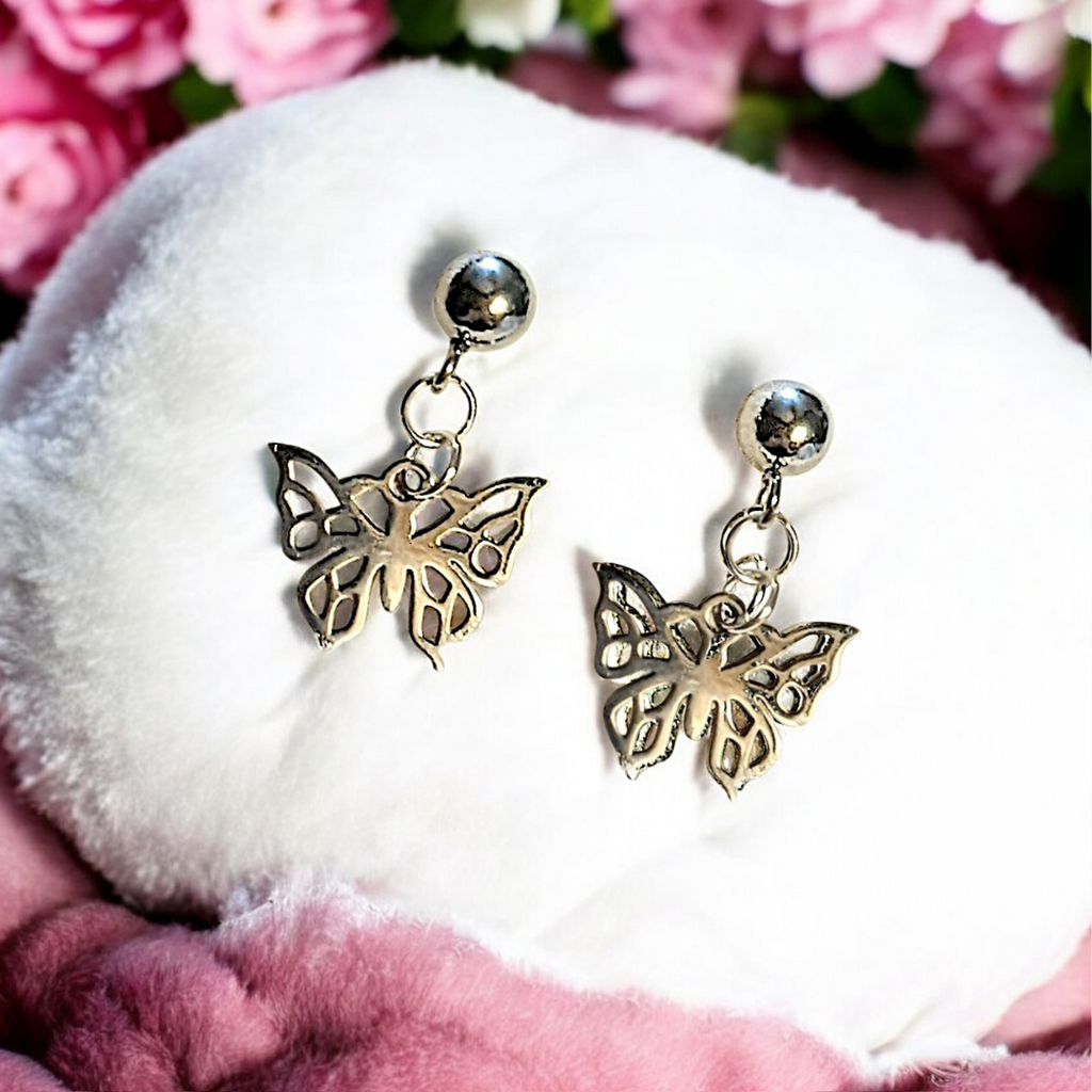 Butterfly Charm Drop Stud Earrings-Silver