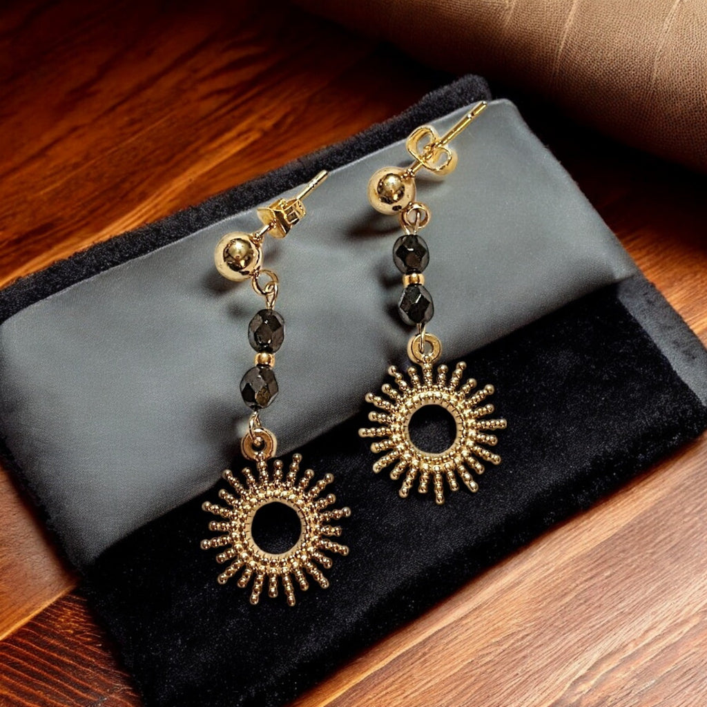 Sunburst Charm Drop Stud Earrings-Gold