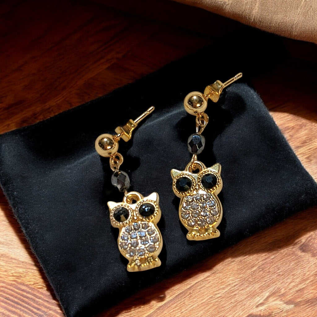 CZ Owl Charm Drop Stud Earrings-Gold