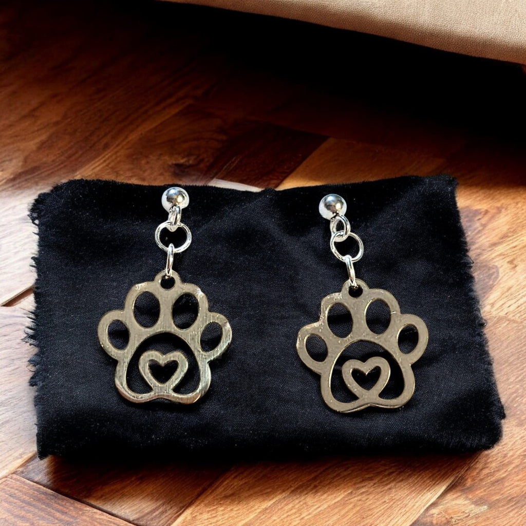 Dog Paw Charm Drop Stud Earrings-Silver