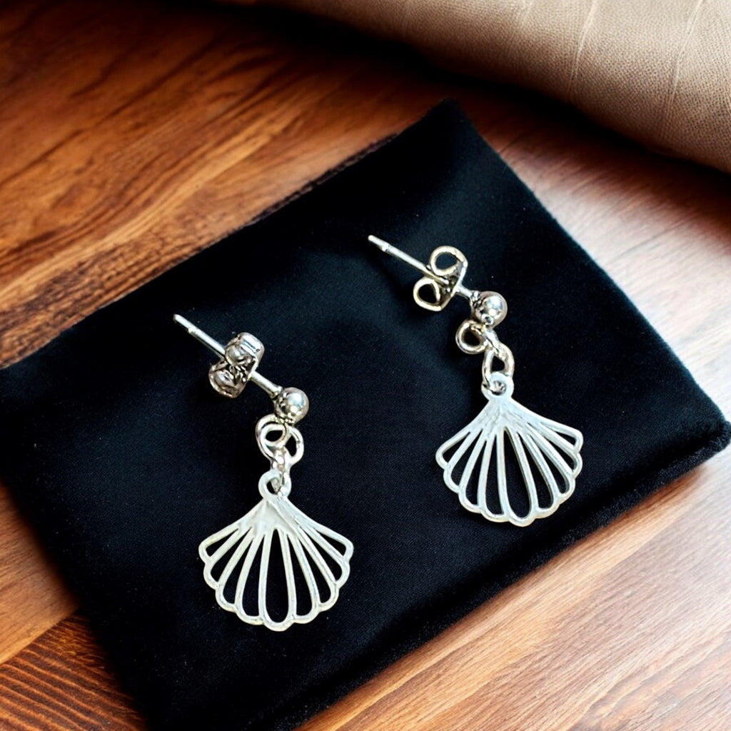 Sea Scallop Charm Drop Stud Earrings-Silver