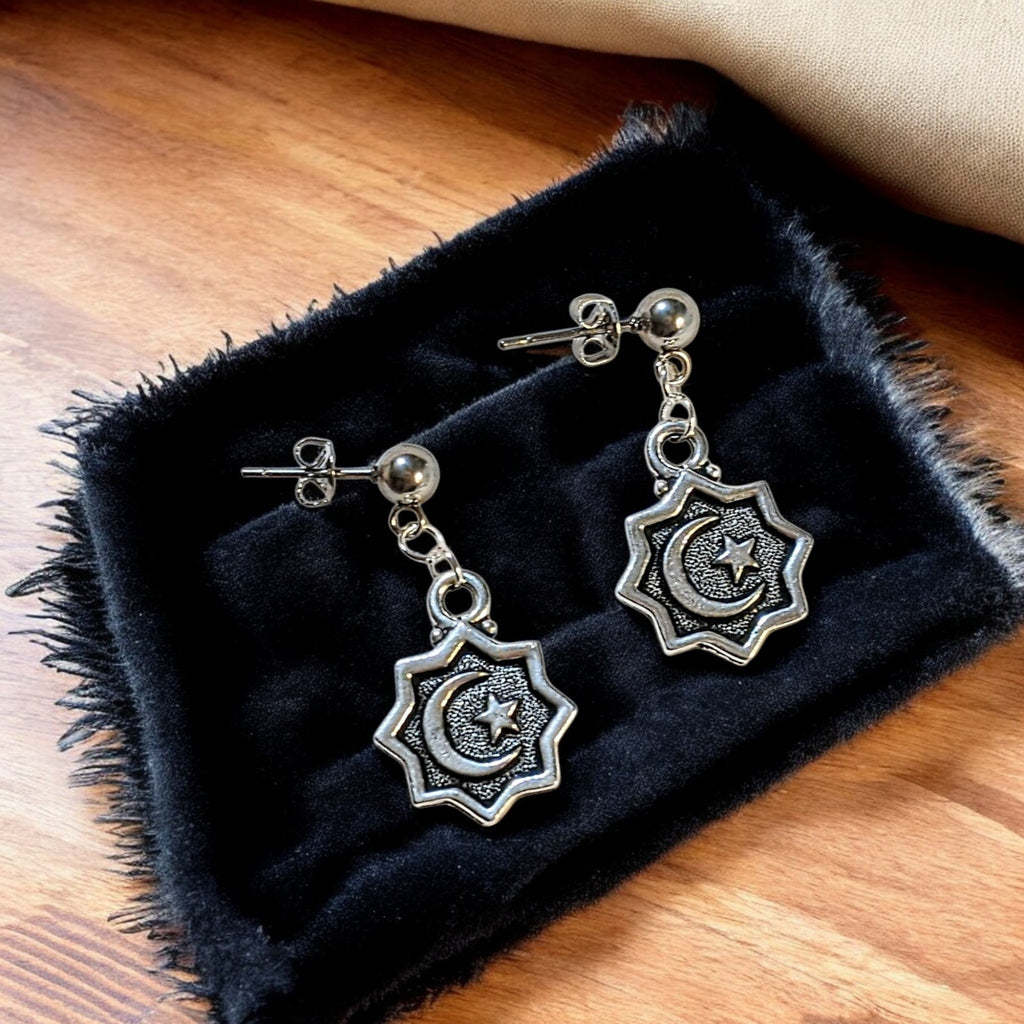 Crescent Moon/Star Charm Drop Stud Earrings-Silver