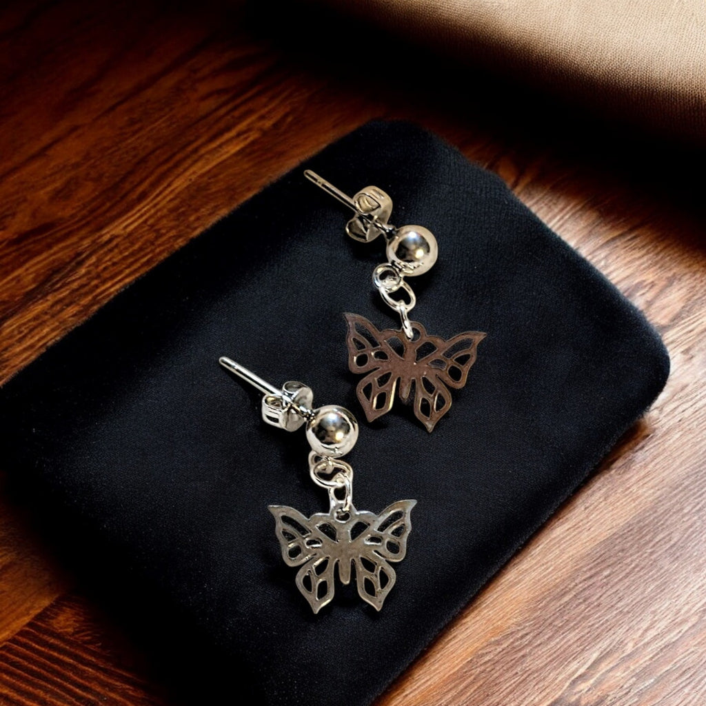 Butterfly Charm Drop Stud Earrings-Silver