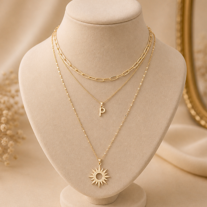 Paperclip Initial Layered Necklace Set. Gold