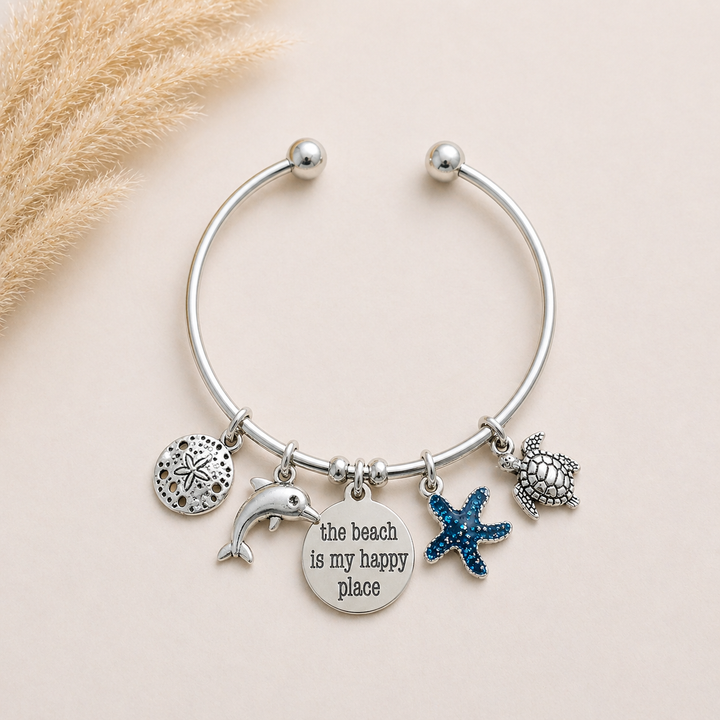 The Beach is My Happy Place Euro Bangle Cuff, Silver