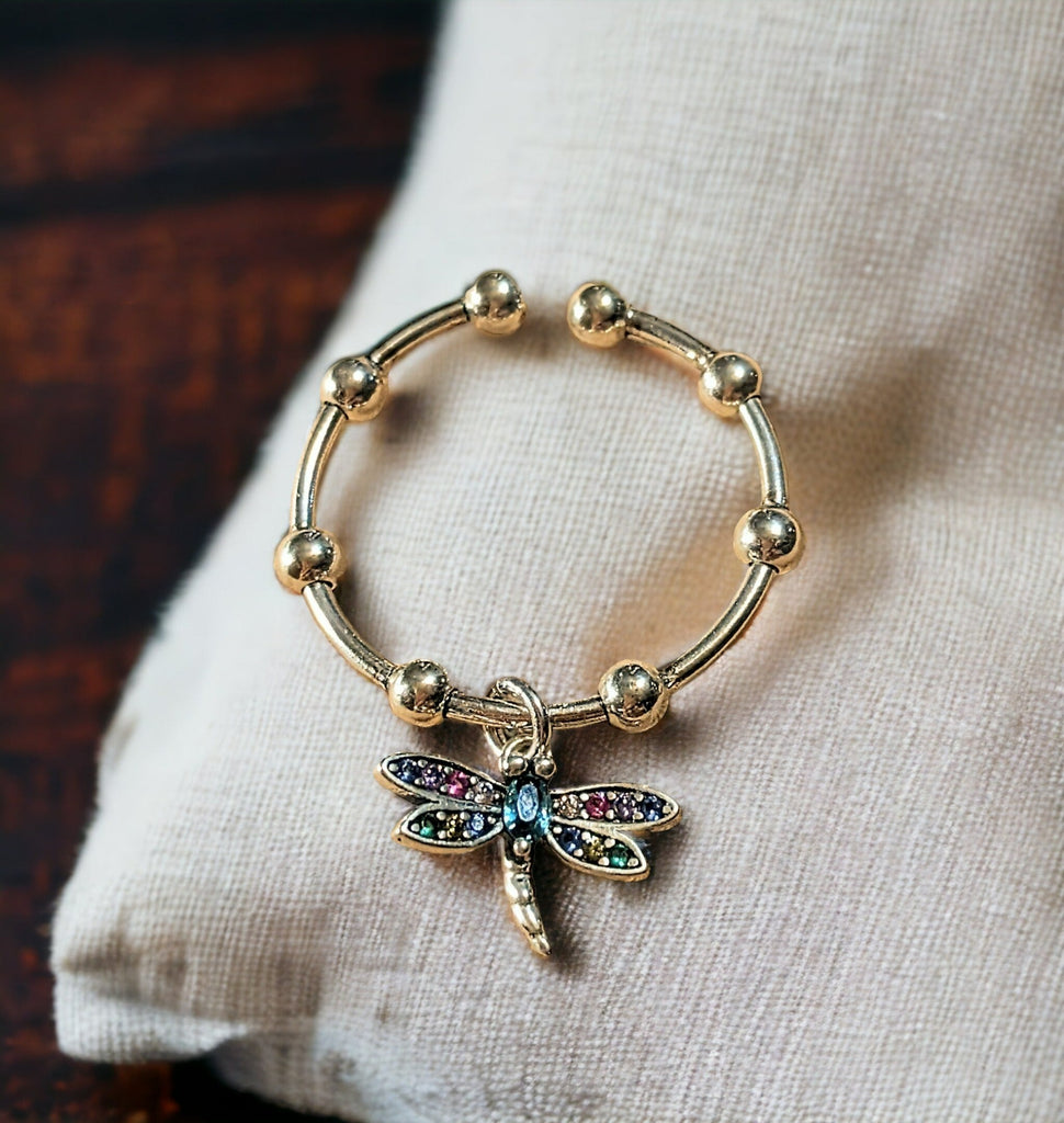 Sparkly Dragonfly Adjustable Charm Ring