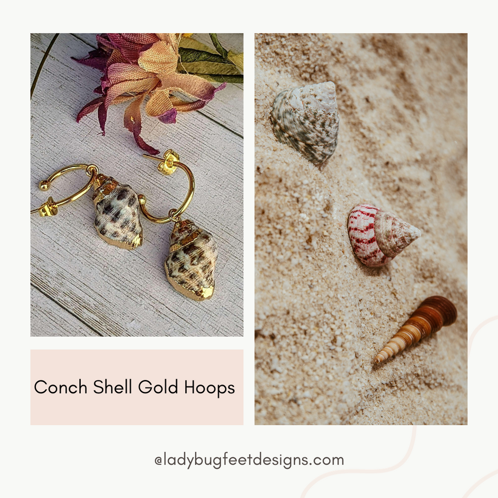 Gold Rimmed Natural Conch Seashell gold hoop earrings, Hoop Drop