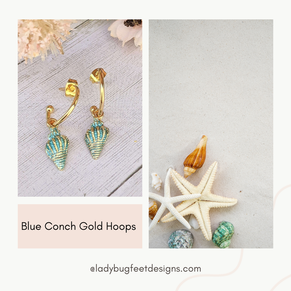 Sea Blue Conch Seashell gold hoop earrings, Hoop Drop