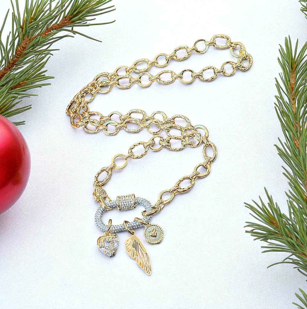 Dragonfly/Fairy Wing, Heart Carabiner Necklace, Gold - 20 inch