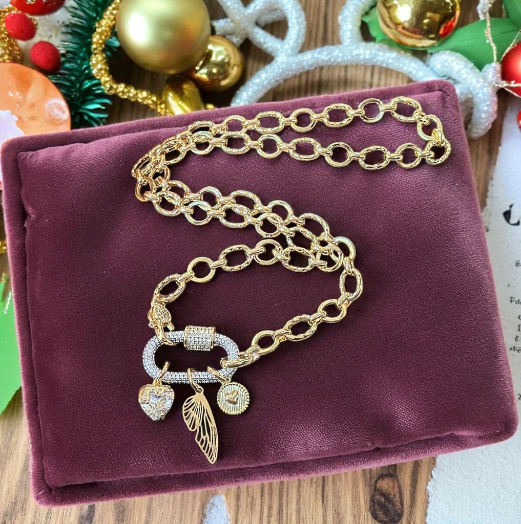 Dragonfly/Fairy Wing, Heart Carabiner Necklace, Gold - 20 inch
