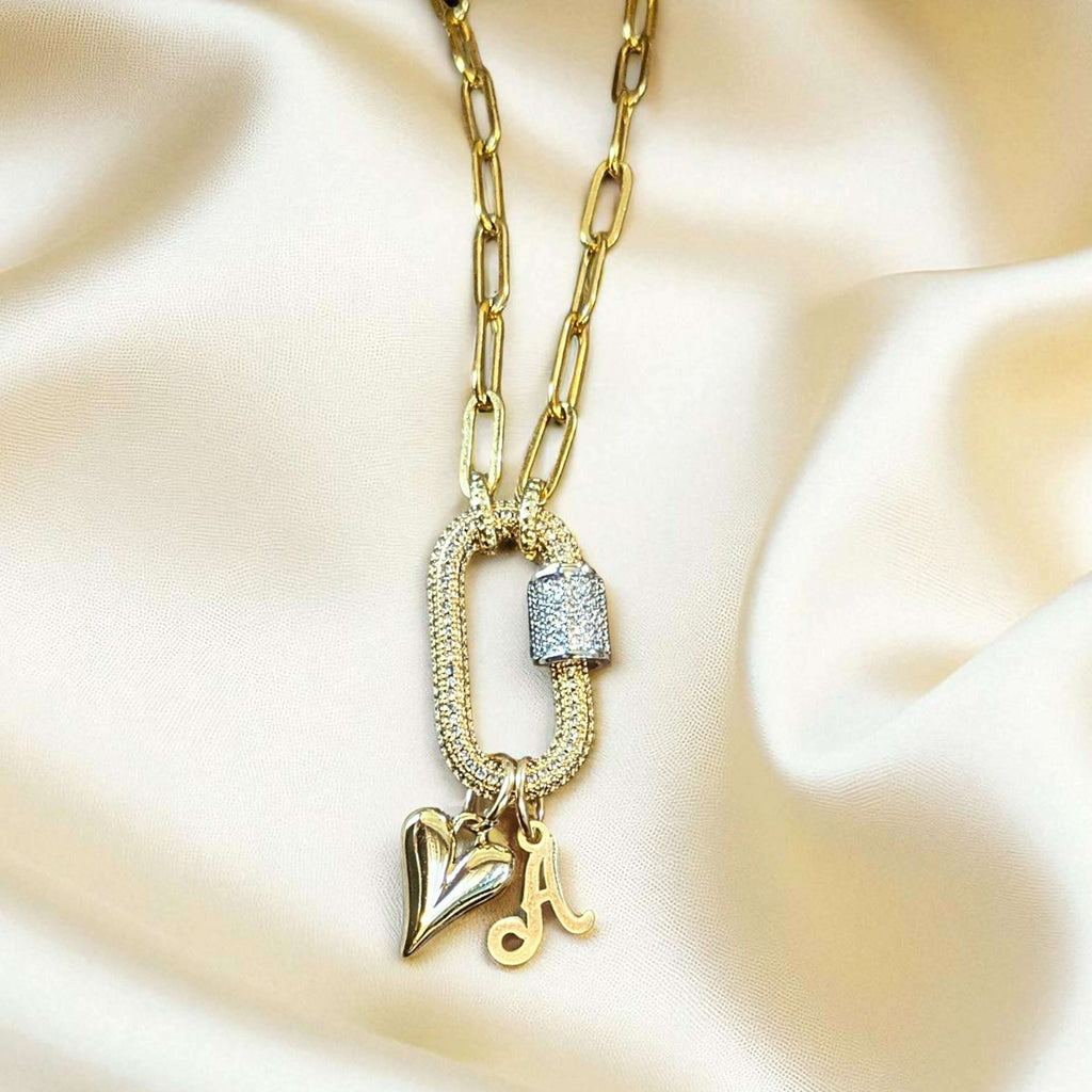 Gold Initial Heart Carabiner Necklace - 20 inch