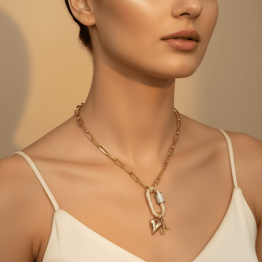Gold Initial Heart Carabiner Necklace - 20 inch