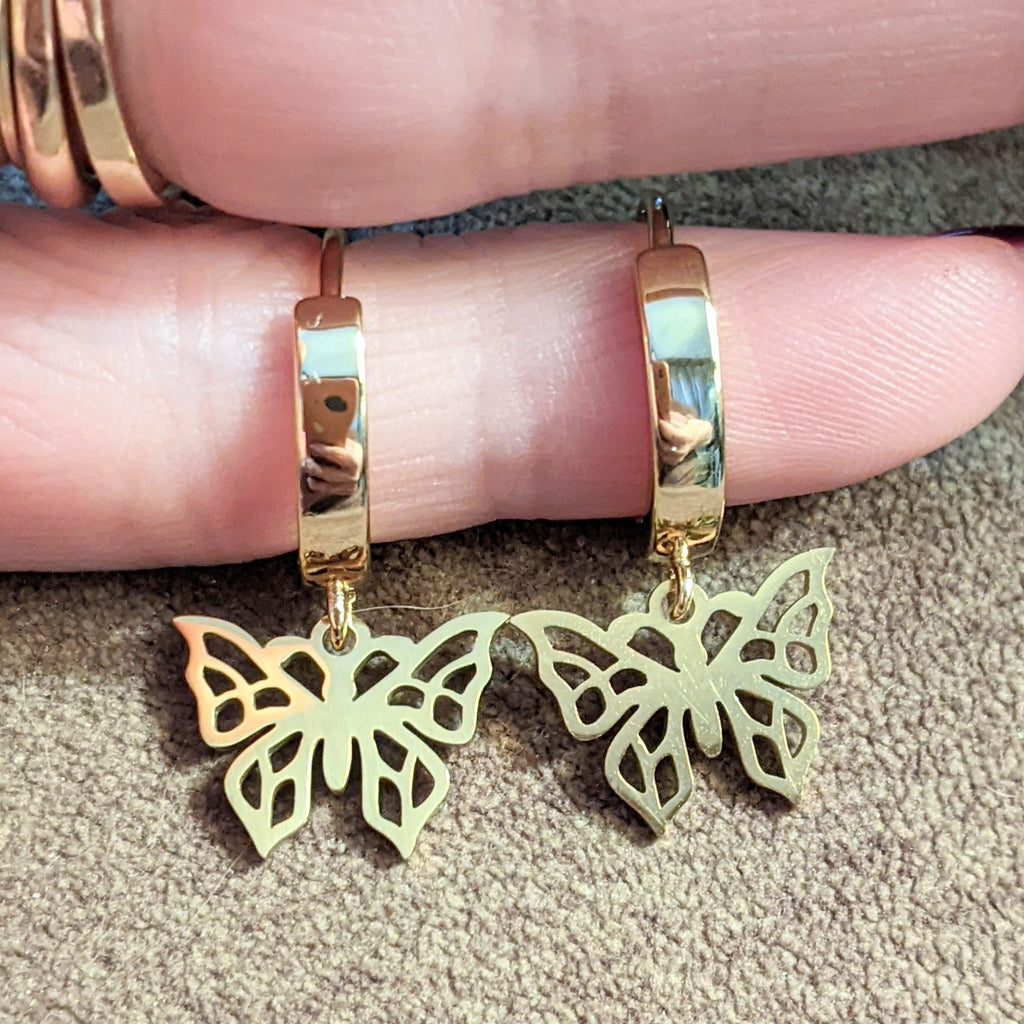Gold Butterfly Hoop earrings, 16mm Hoop Drop