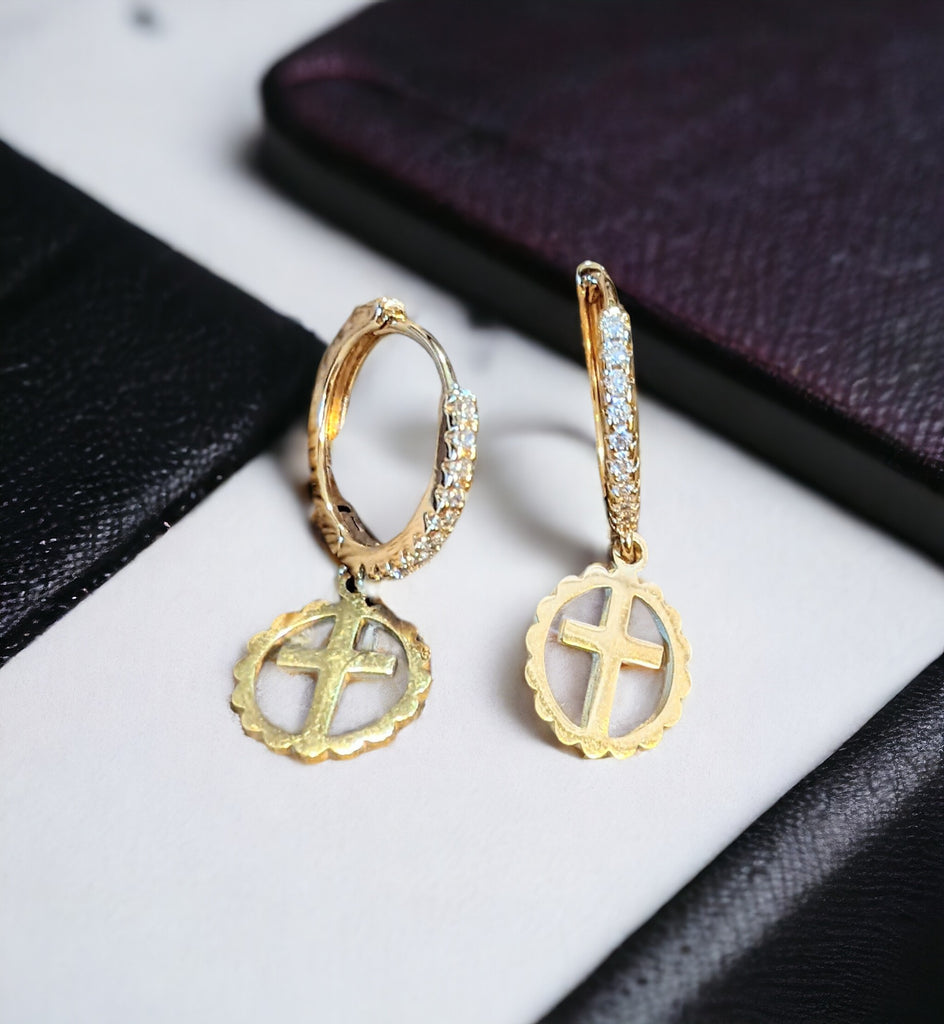 Gold Cross Circle CZ Hoop earrings, 18mm Hoop Drop