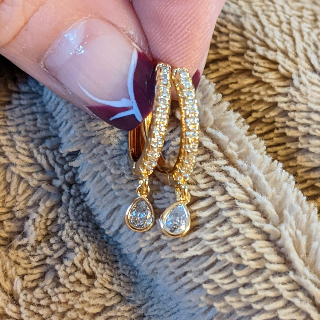Gold CZ Teardrop Hoop earrings, 18mm Hoop Drop