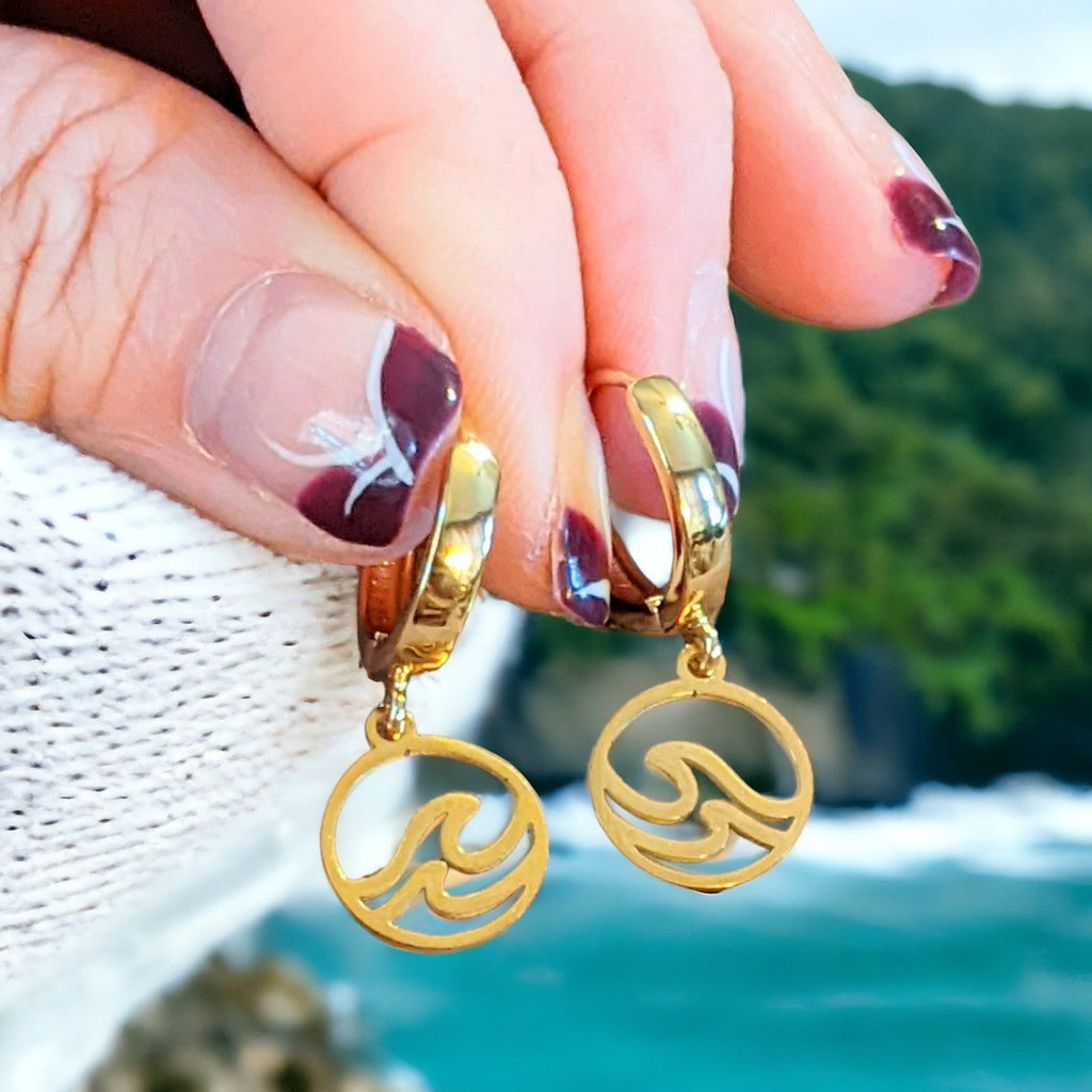 Gold Ocean Wave Hoop earrings, 16mm Hoop Drop