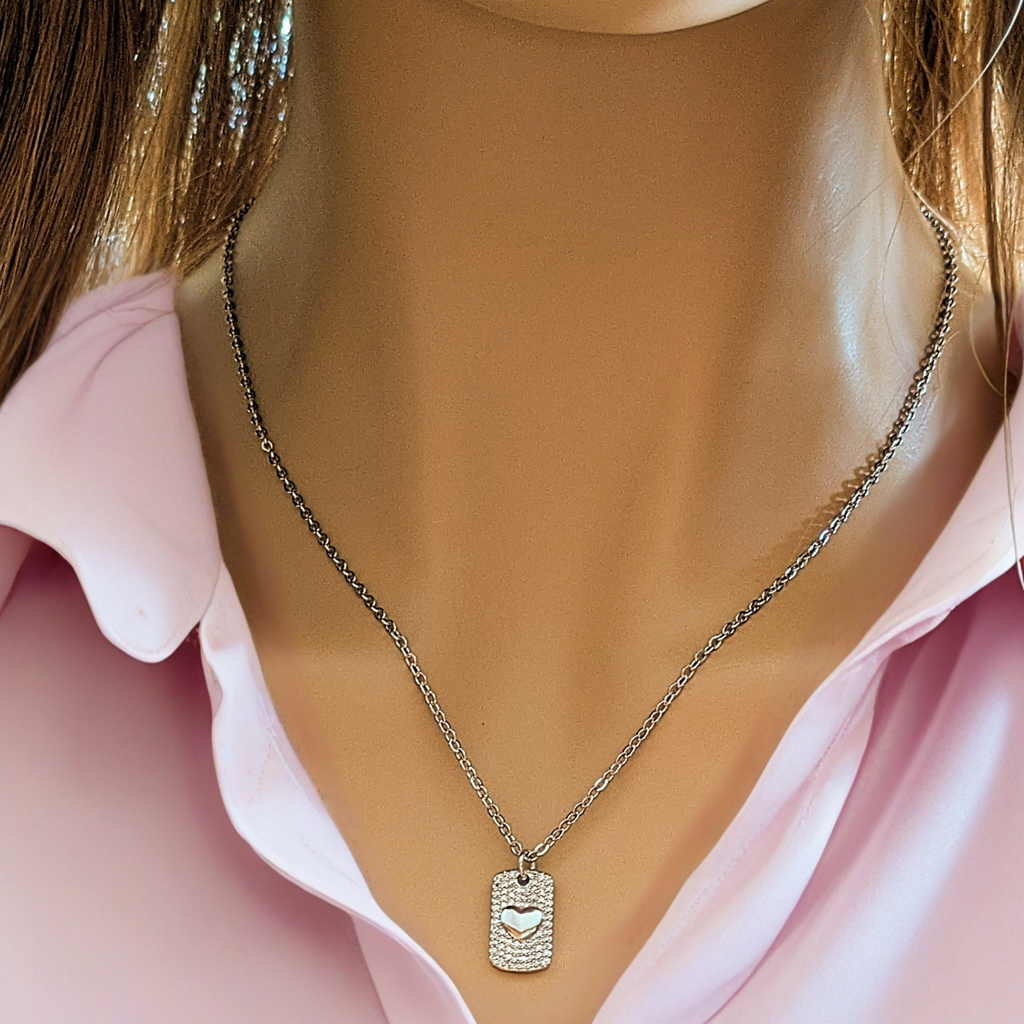CZ Heart Tag Necklace, Silver - 20 inch