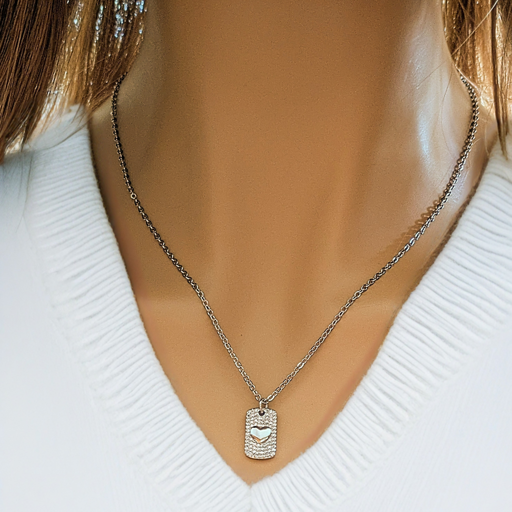 CZ Heart Tag Necklace, Silver - 20 inch