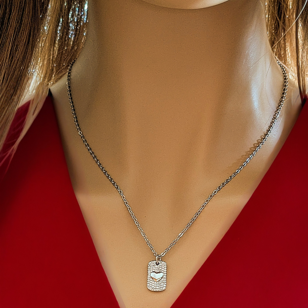 CZ Heart Tag Necklace, Silver - 20 inch