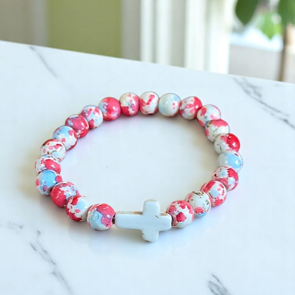 Hot Pink Baby Blue Beaded Cross Stretch bracelet