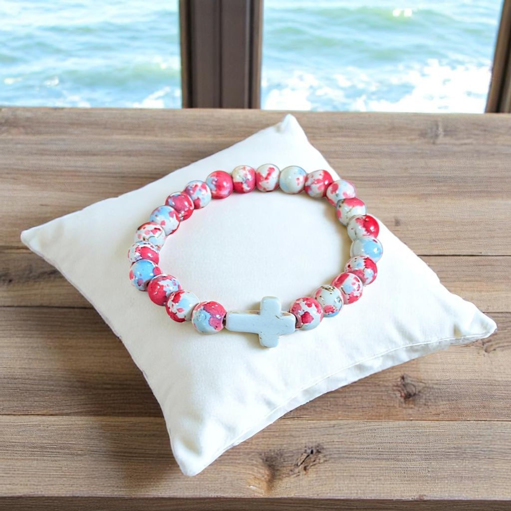 Hot Pink Baby Blue Beaded Cross Stretch bracelet