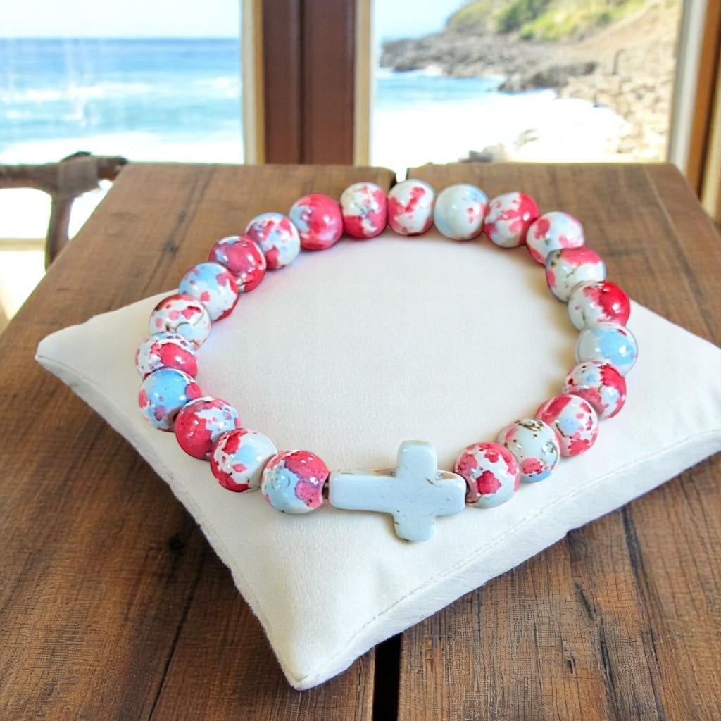 Hot Pink Baby Blue Beaded Cross Stretch bracelet